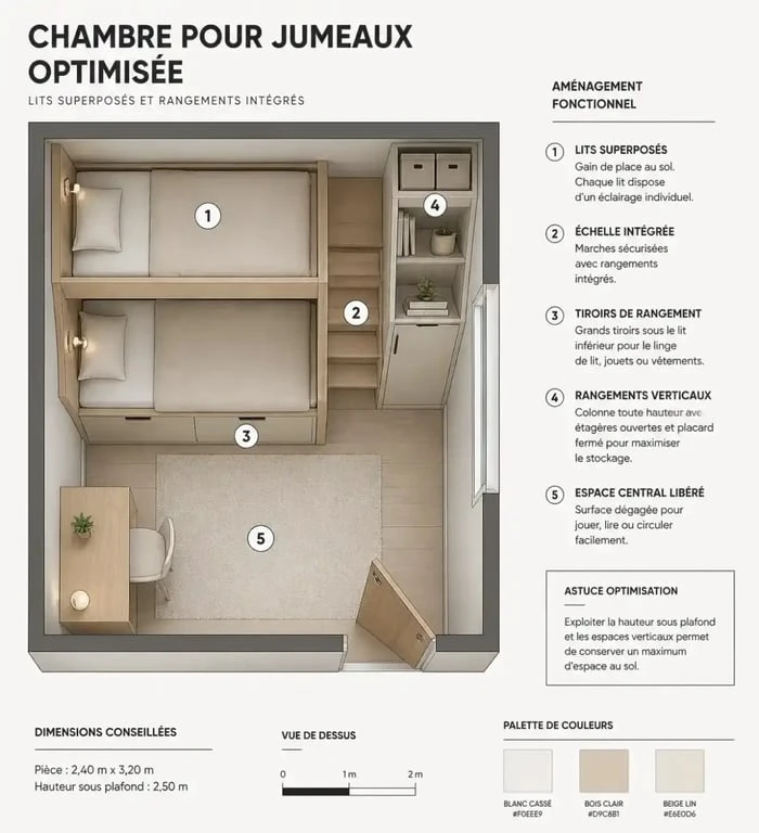 Optimisation espace petite chambre jumeaux avec lits superposés