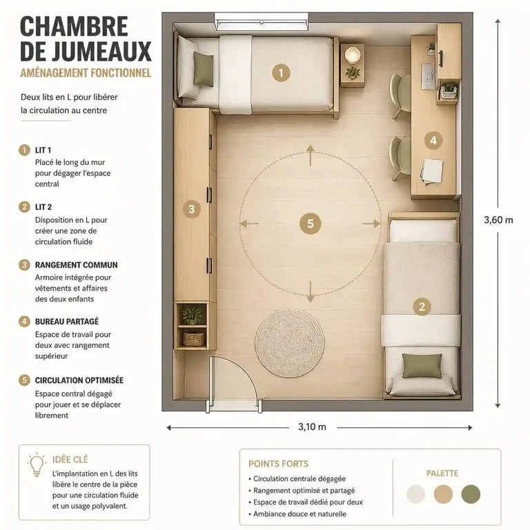Plan d'aménagement petite chambre jumeaux avec lits en L