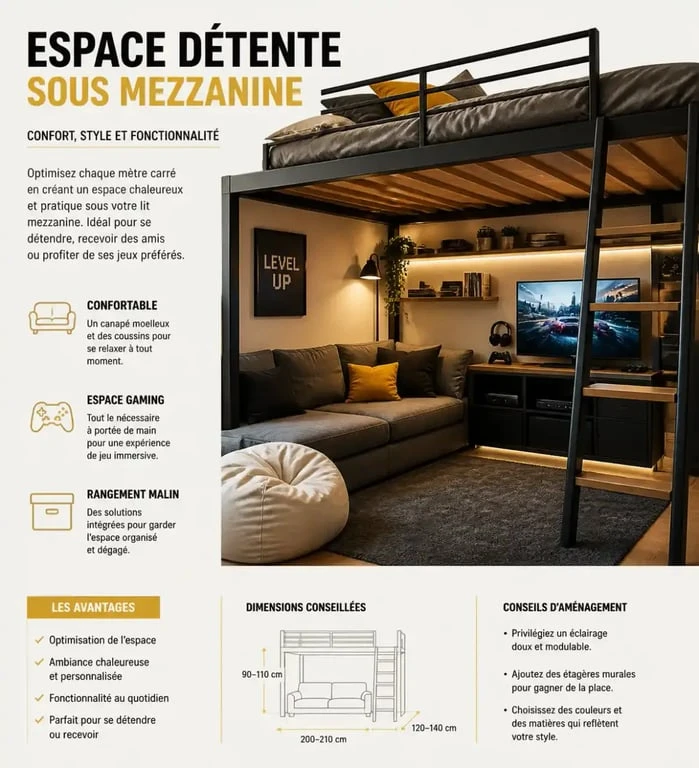 Aménagement chambre mezzanine ado coin détente