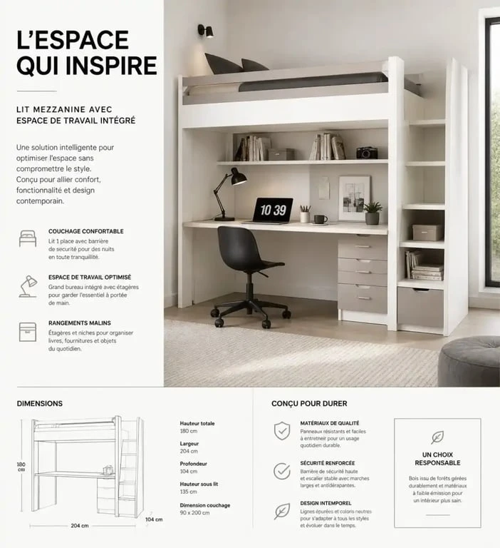 Chambre mezzanine ado avec espace bureau optimisé