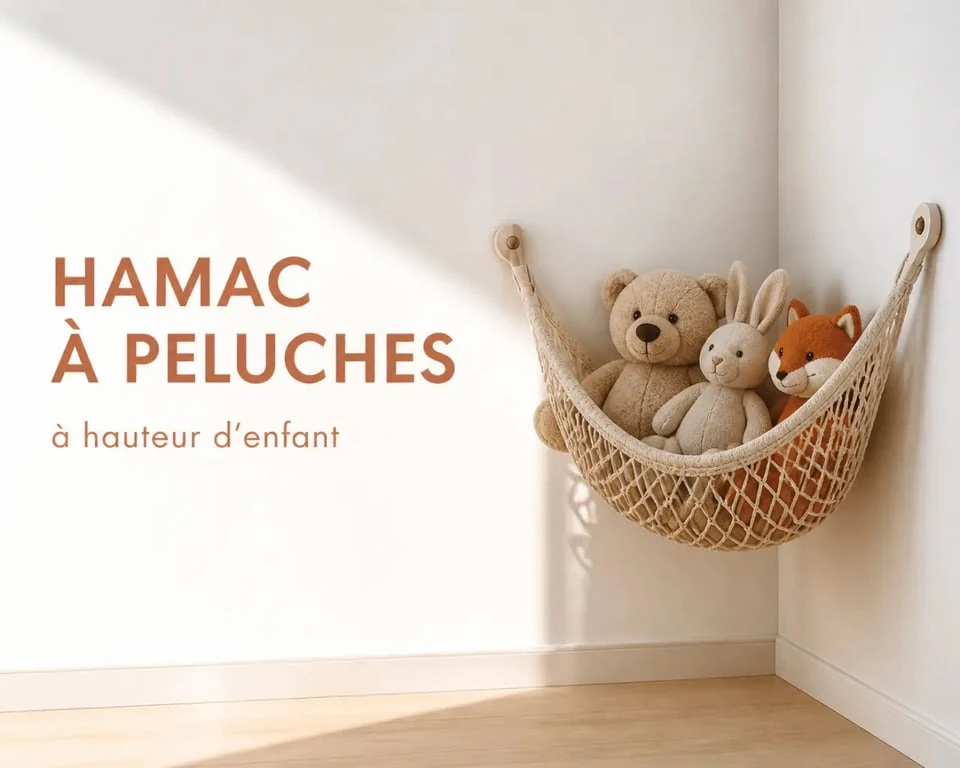 Idées rangement peluches avec hamac mural sécurisé et doudous visibles