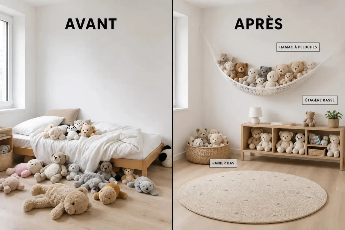 Idées rangement peluches dans une chambre d’enfant, avant/après avec panier, hamac et étagère basse