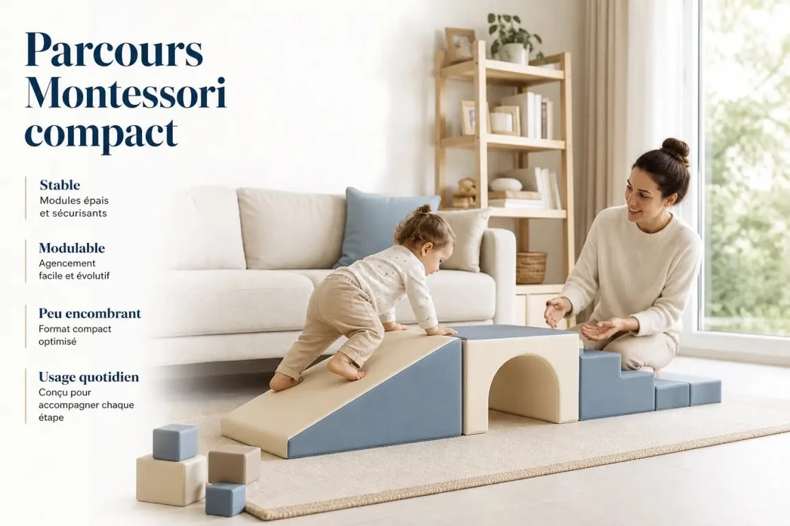 Parcours montessori installé dans un salon avec modules compacts et usage quotidien