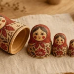Gigogne poupee matriochka en bois ouverte : 5 poupées emboitées sur table.