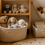 Idees rangement peluches : peluches accessibles en panier pour gagner de la place