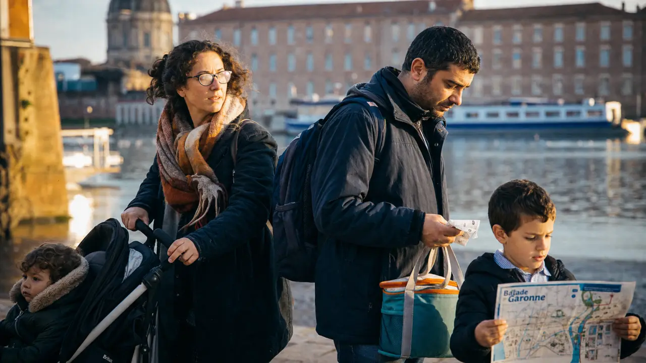 Que faire à Toulouse avec des enfants ce week-end : famille en poussette sur la Garonne