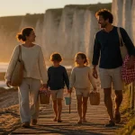 Week end en famille normandie : famille sur la promenade en bord de mer, falaises de craie au coucher du soleil