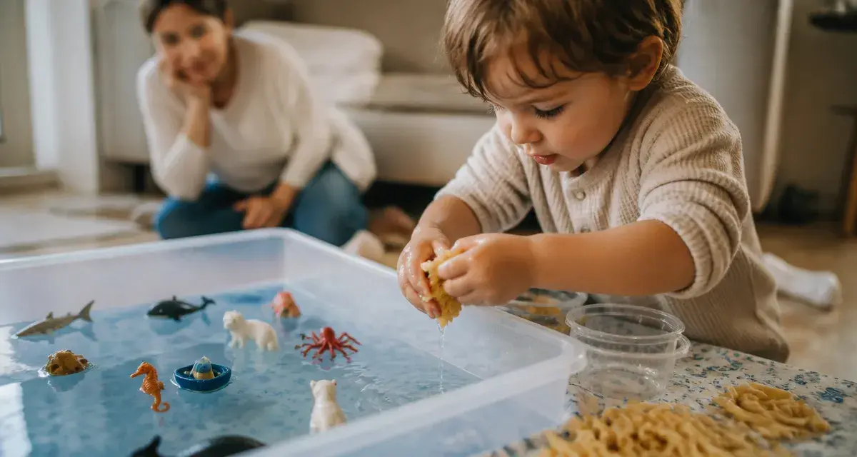 Activité enfant 2 ans : transvasement avec bac sensoriel à l’eau tiède