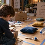 Activités enfant 6 ans : enfant crée un jeu calme en intérieur