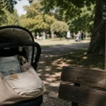 Activités lyon bebe : poussette près d’un banc dans un parc familial