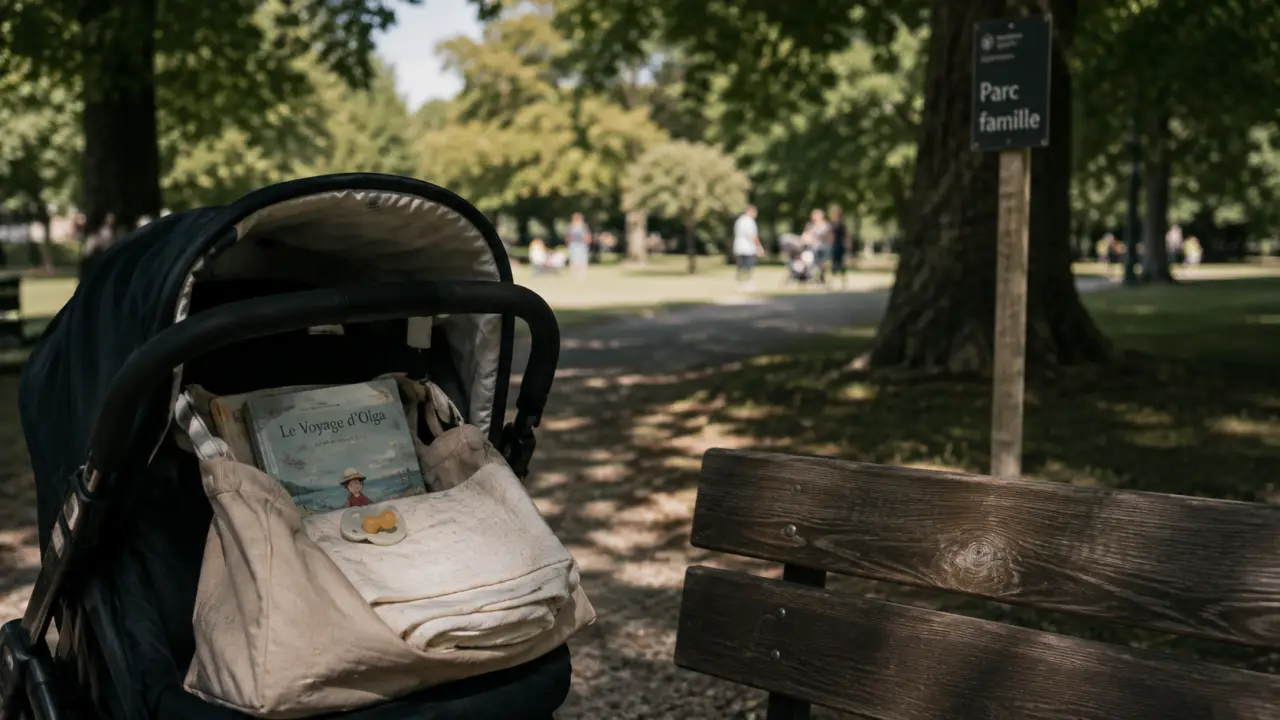 Activités lyon bebe : poussette près d’un banc dans un parc familial