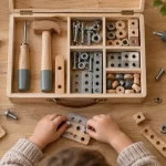 Boite a outil montessori : enfant ajuste une vis sur plaque de travail