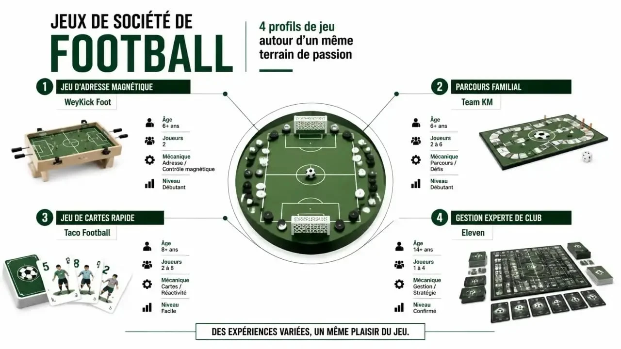 Jeu de société foot : infographie des mécaniques, âges et nombres de joueurs