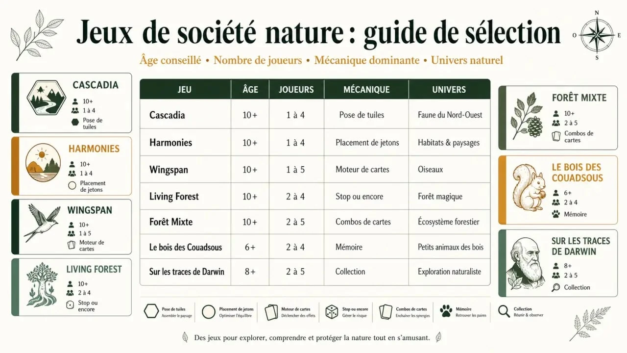 Comparatif des jeux de société nature avec âge, joueurs et mécanique