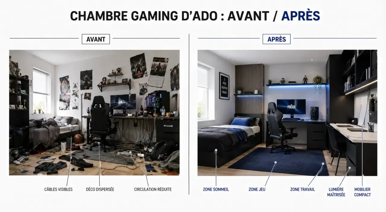Avant après ado chambre gaming montrant une pièce encombrée puis un aménagement optimisé