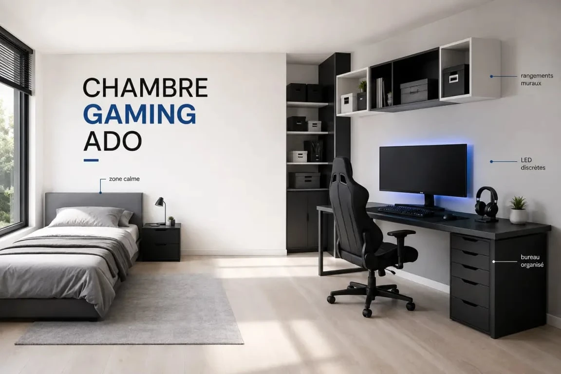 Ado chambre gaming avec lit, bureau et rangements dans une pièce moderne et équilibrée