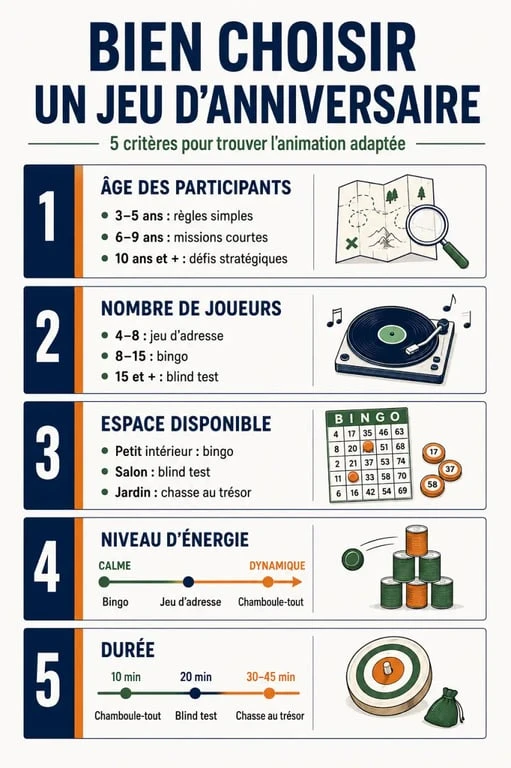 Infographie des jeux anniv selon l'âge, le nombre de joueurs et l'espace disponible