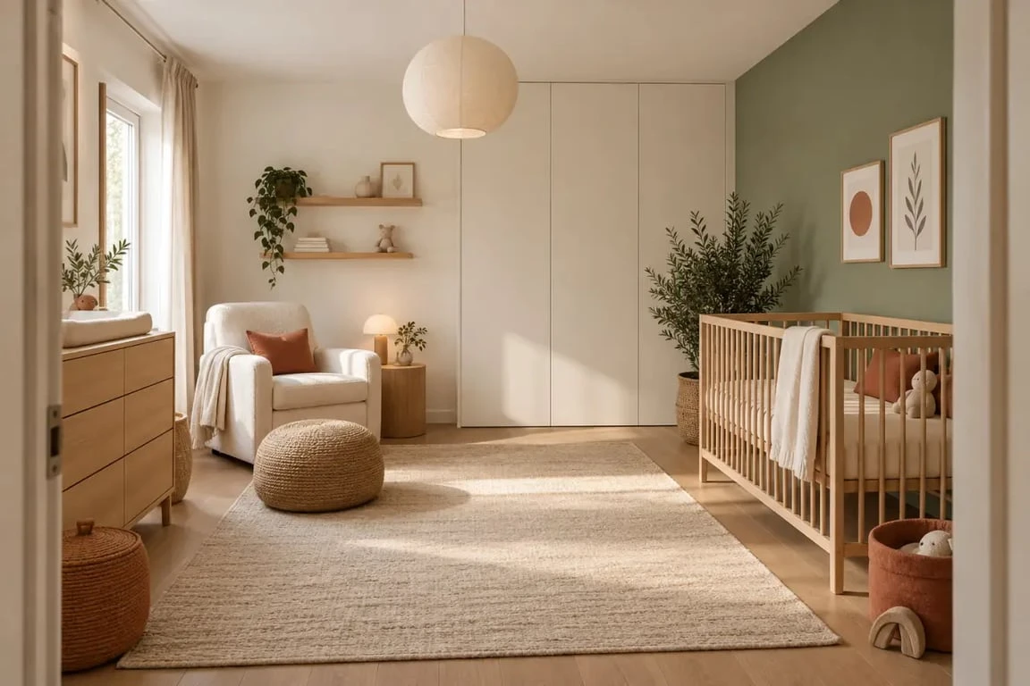 Chambre de bébé mixte avec décoration neutre, vert sauge, bois clair et lumière douce
