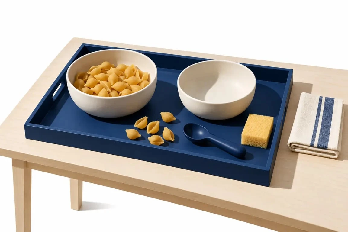 Installation sécurisée pour un jeu de transvasement avec plateau, bols, cuillère et éponge