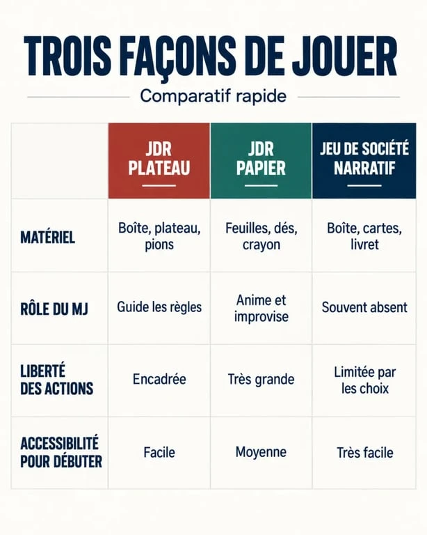 Infographie comparative du jeu de role plateau, du JDR papier et du jeu narratif