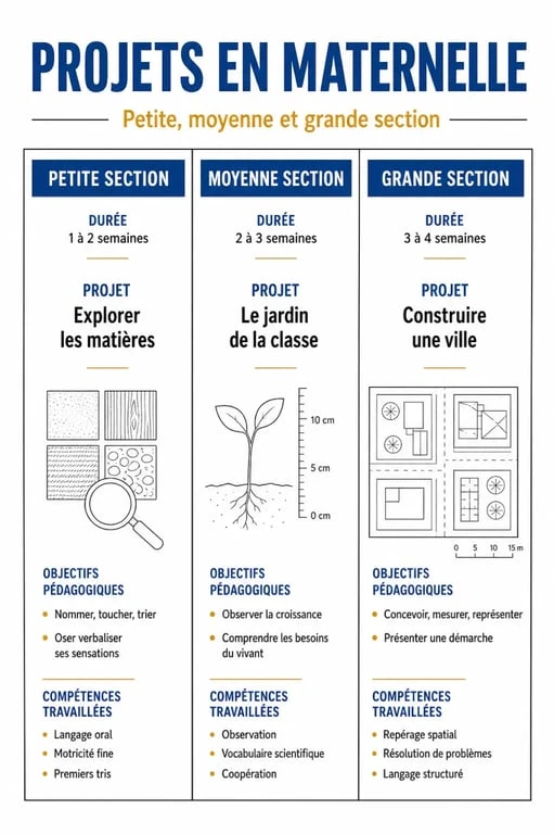 Projet pour maternelle : tableau comparatif des idées par section, durée et compétences travaillées