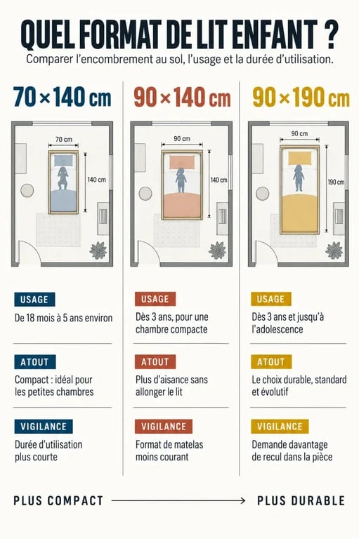 Comparatif visuel des dimensions d’un lit enfant 4 ans en 70×140, 90×140 et 90×190 cm