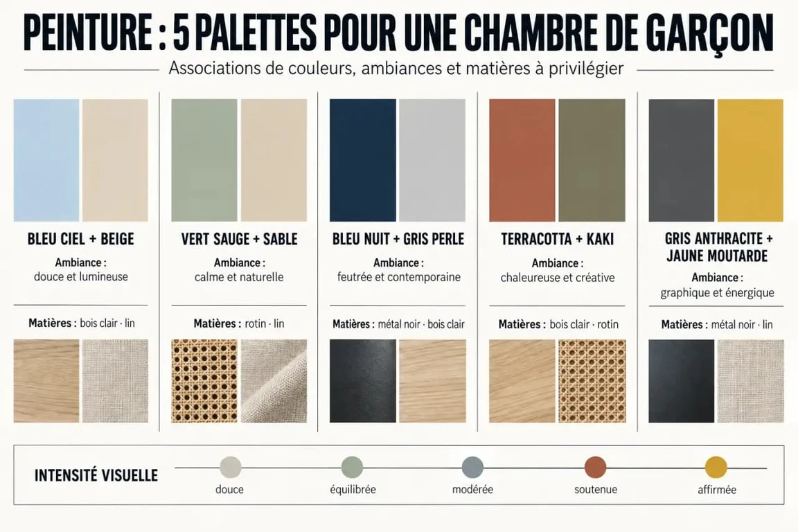 Infographie des palettes de tendance peinture chambre garçon et de leurs associations décoratives