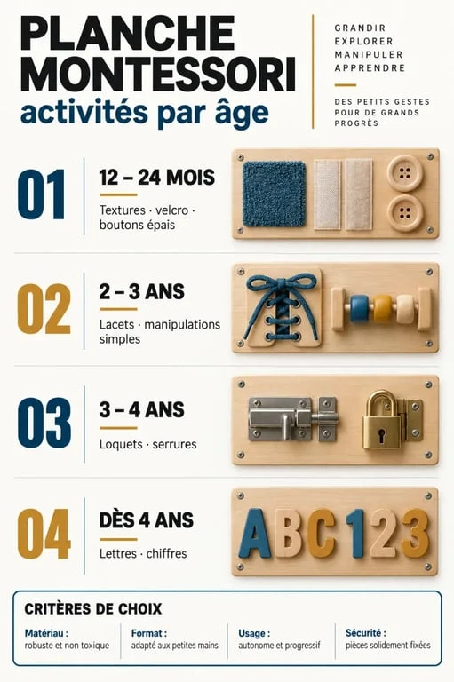 Infographie sur la planche Montessori selon l’âge, les activités et les compétences développées
