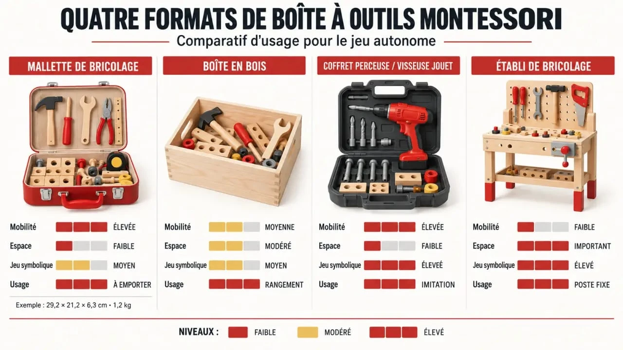 Infographie comparant les formats de boîte à outils Montessori pour enfant