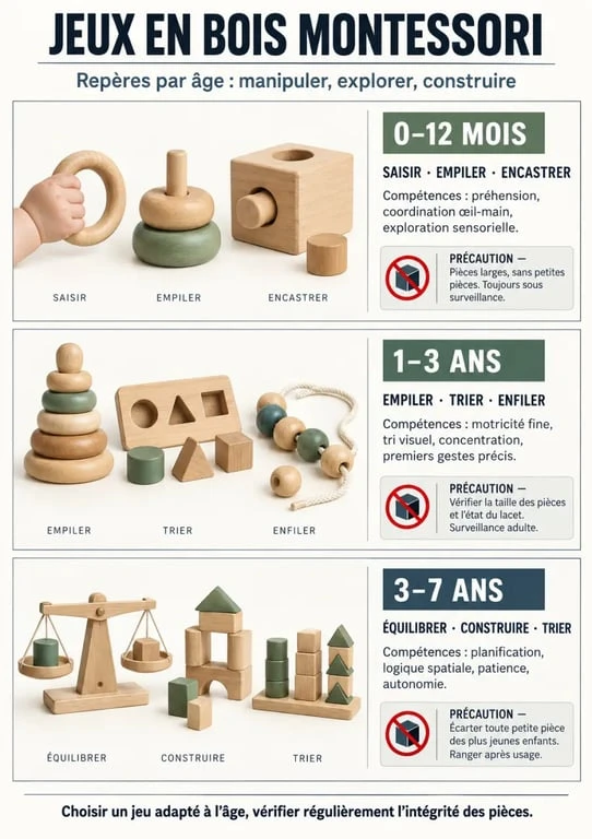 Jeux bois montessori classés par âge, compétences développées et précautions de sécurité