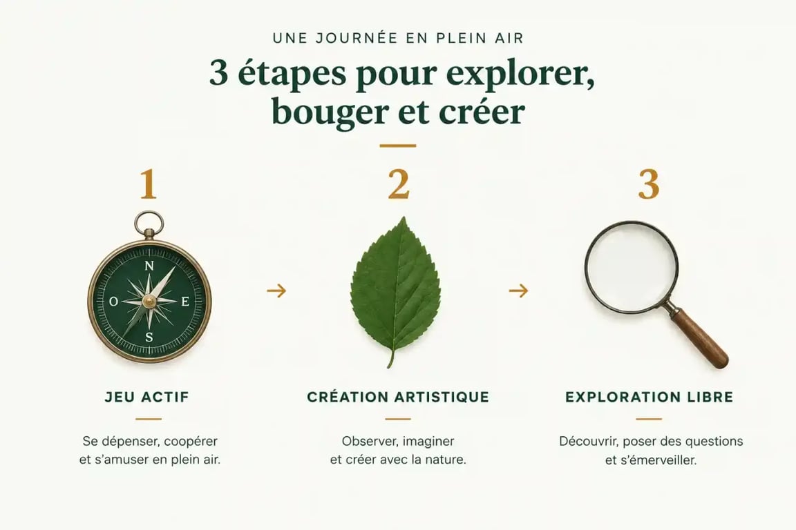 Infographie du programme en 3 étapes pour organiser un après-midi de jeux en pleine nature