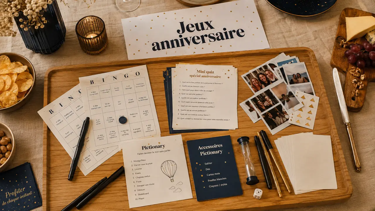 Jeux animation anniversaire sur table de fête, jeux d’anniversaire imprimés et accessoires
