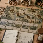 Jeux de société nature forêt et animaux, tuiles et pions sur table