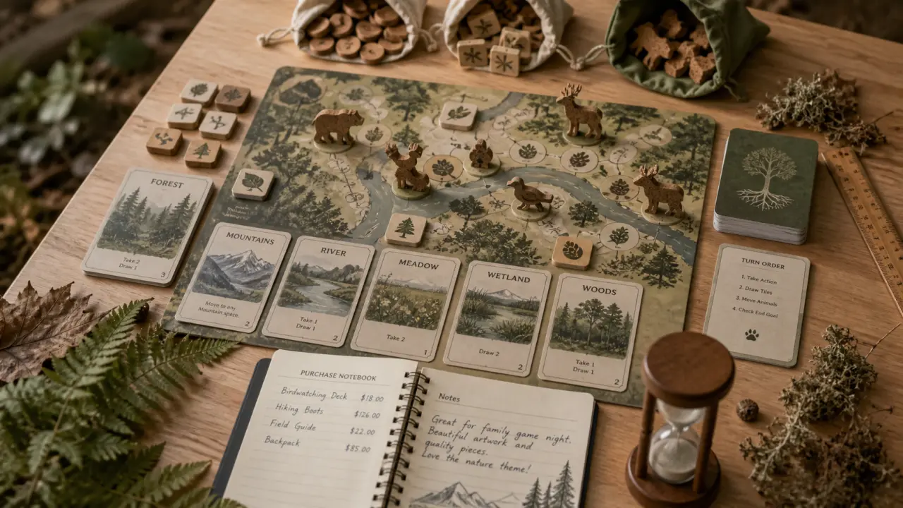 Jeux de société nature forêt et animaux, tuiles et pions sur table