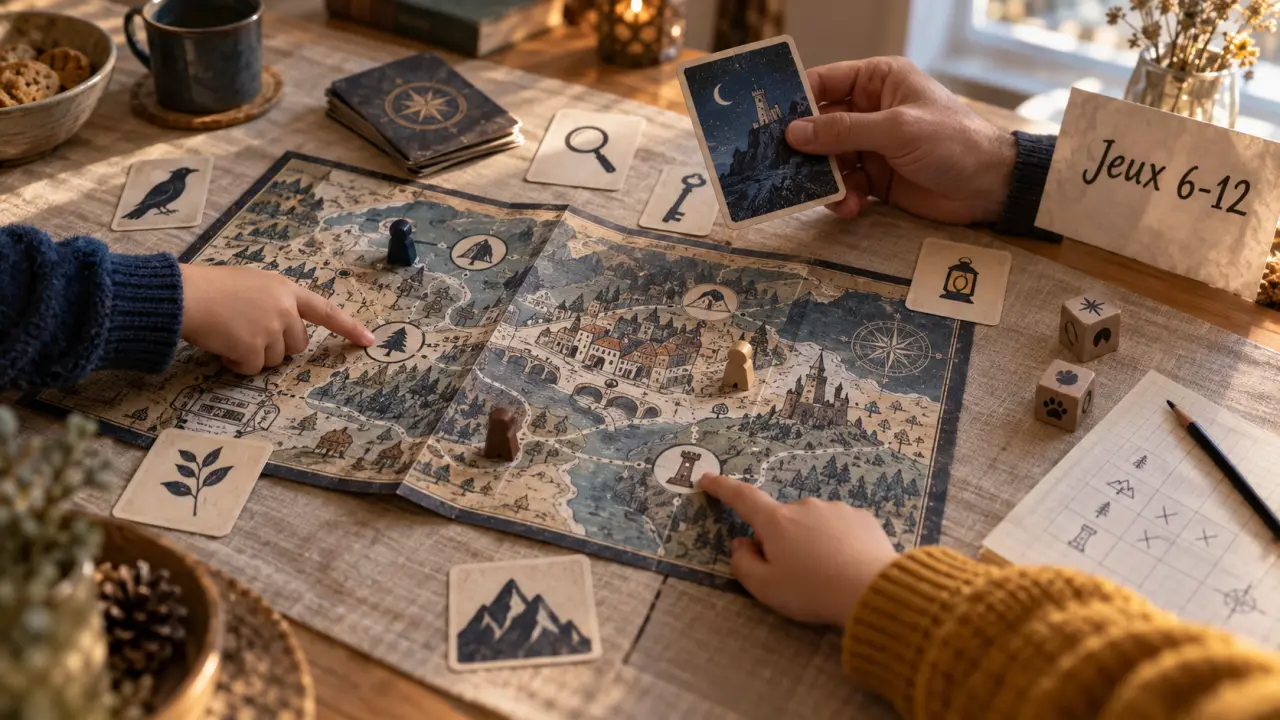 Jeux de société pour les 6-12 ans, plateau et cartes en famille