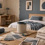 tendance peinture chambre garcon : murs beige sable et pan bleu grisé en rénovation