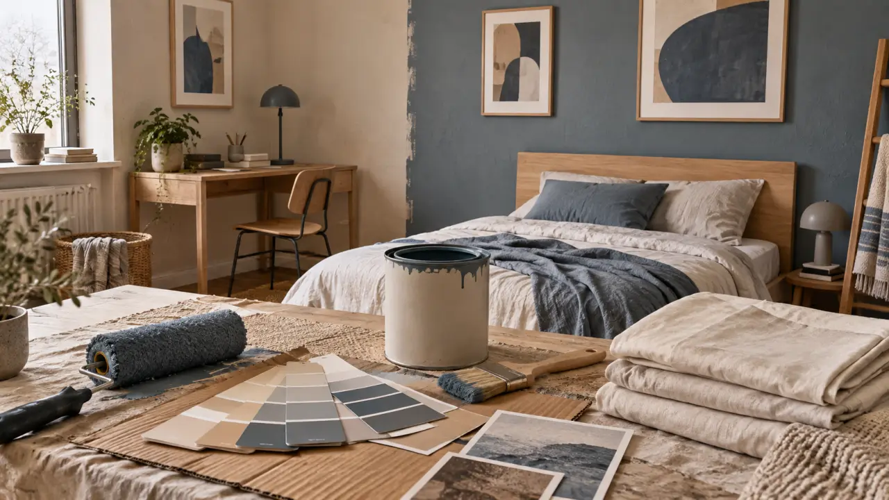 tendance peinture chambre garcon : murs beige sable et pan bleu grisé en rénovation