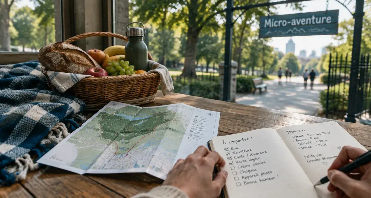 Activité a faire un dimanche : micro-aventure au parc, carte et carnet près d’une couverture.