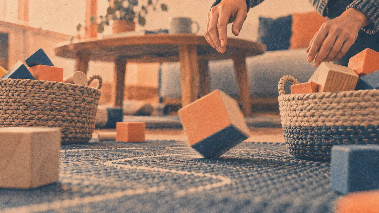 Activité pour les 18 mois : l’enfant manipule des cubes en carton, au sol
