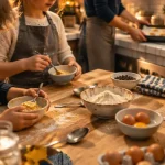 Atelier cuisine enfant : enfants avec ingrédients et tabliers