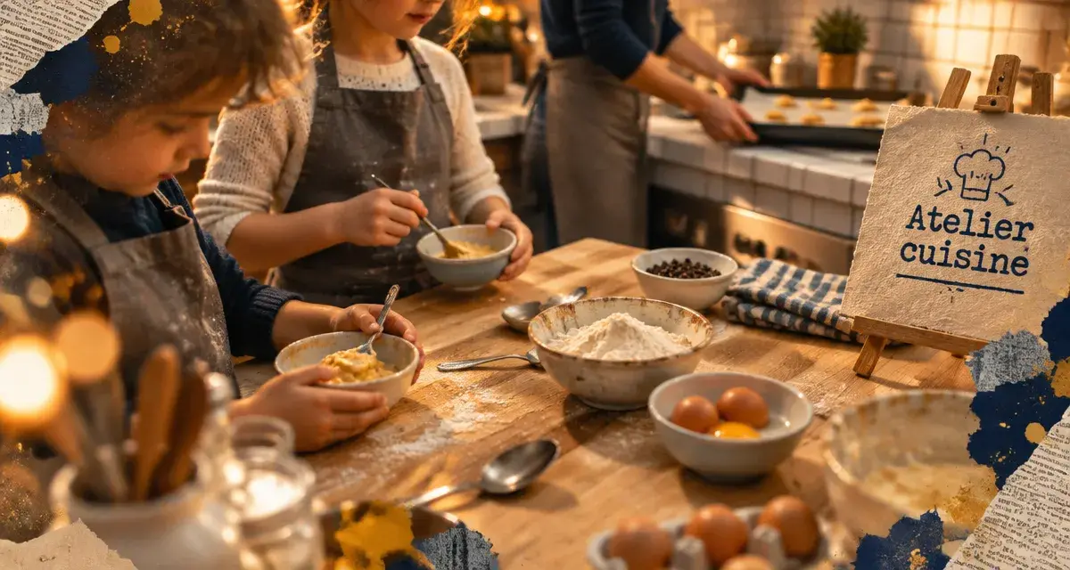 Atelier cuisine enfant : enfants avec ingrédients et tabliers