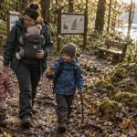 Balade en famille sur sentier adapté, enfants et poussette en forêt
