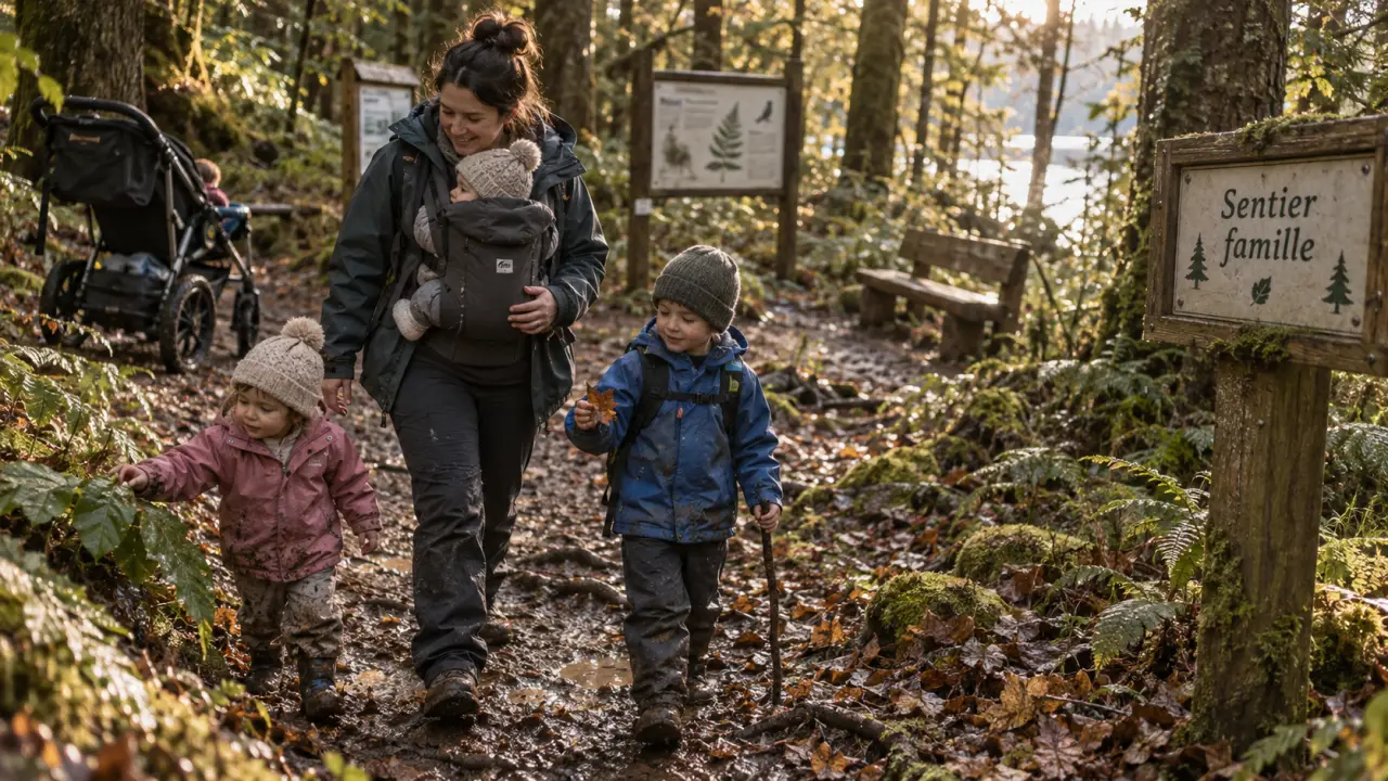 Balade en famille sur sentier adapté, enfants et poussette en forêt