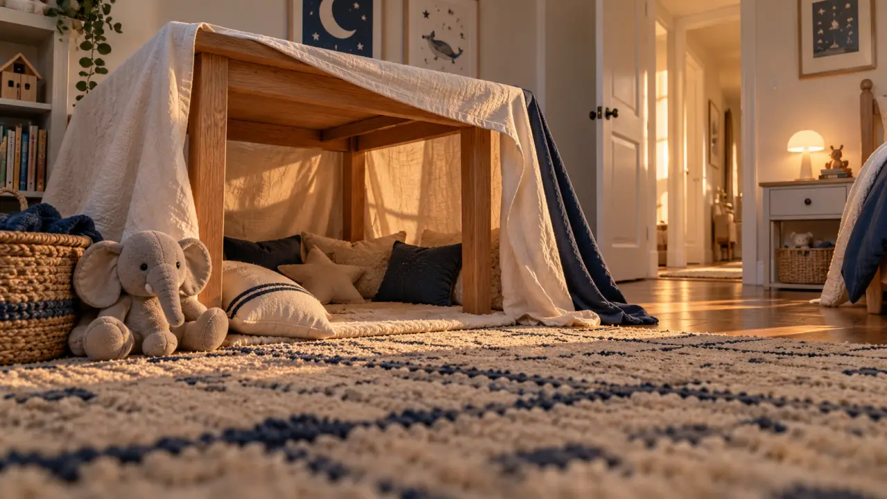 Cabane dans chambre en draps, espace dégagé et passage libre