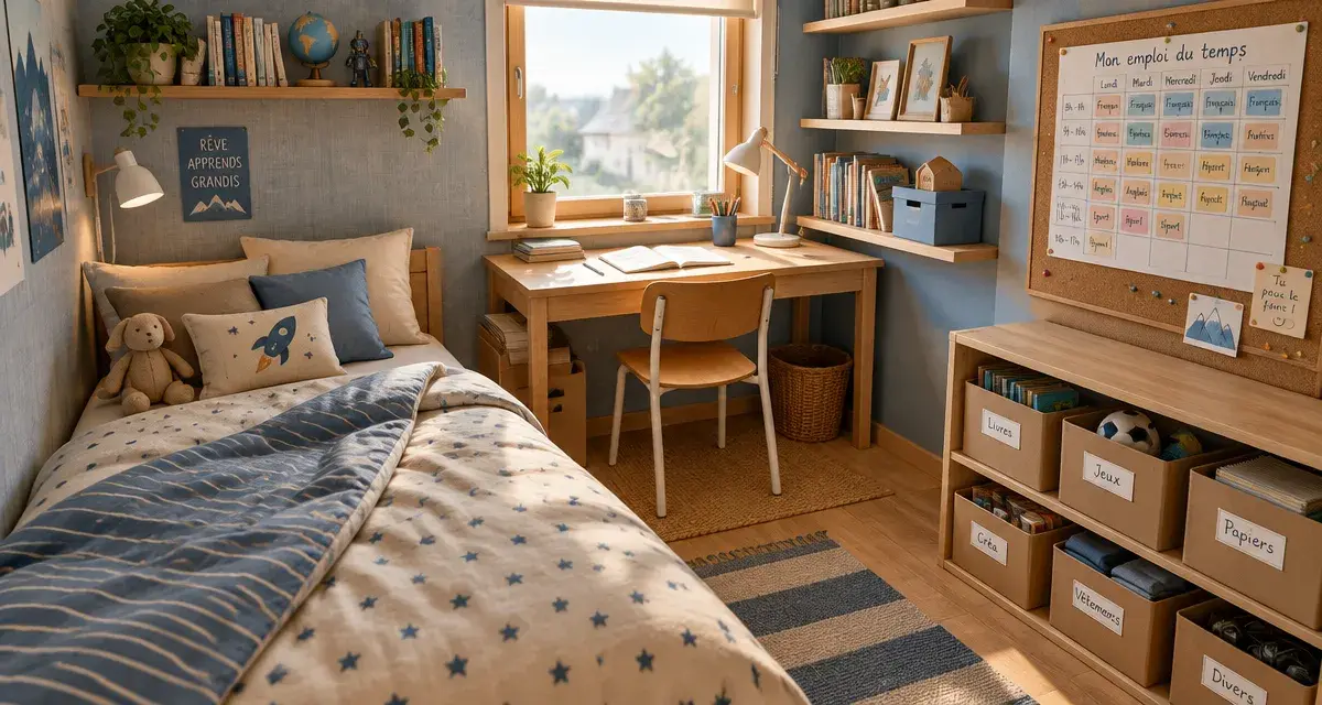 chambre garcon 10 ans en 4 zones : lit, bureau, rangements