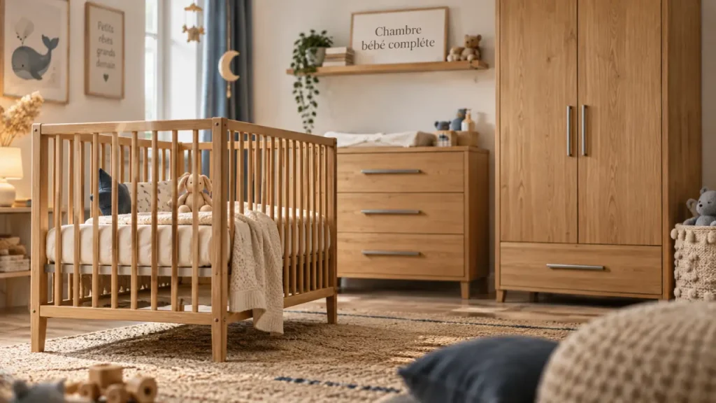 Chambre bébé complète : lit, commode et armoire assortis sans erreur de style