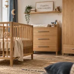Chambres completes bebe : lit, commode et armoire assortis en bois clair