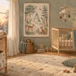 Deco chambre bebe garcon, chambre bébé garçon douce : tapis beige, bois clair, lin crème, forêt.