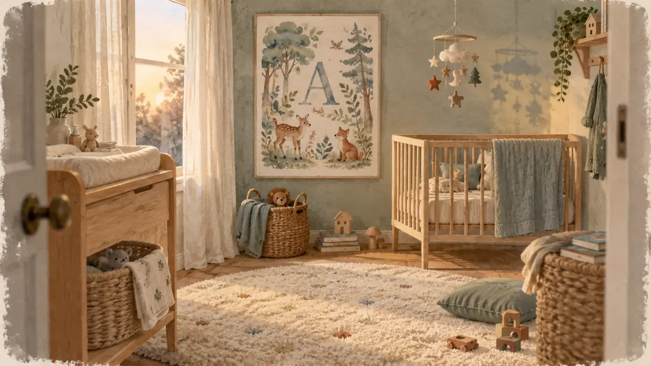 Deco chambre bebe garcon, chambre bébé garçon douce : tapis beige, bois clair, lin crème, forêt.