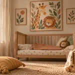 Deco chambre savane : girafe, lion et rideaux lin, ambiance douce
